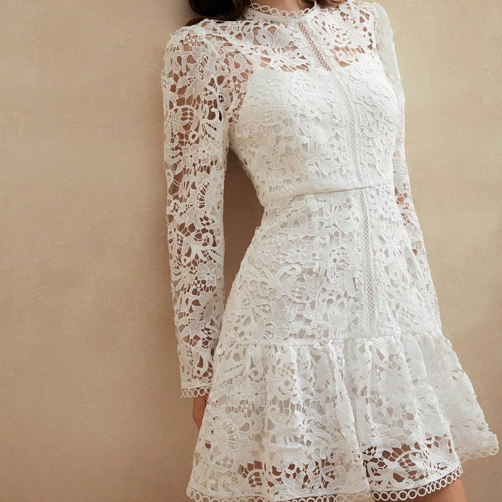 White Elegant Women's Pure Floral Lace Long Sleeve Dress